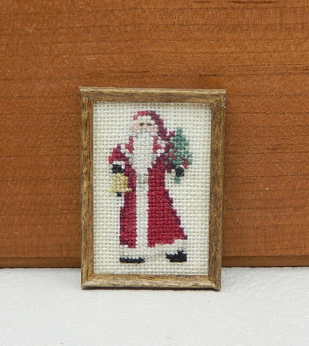 Vintage Micro Needlework Framed German Santa Claus Dollhouse Miniature 1:12
